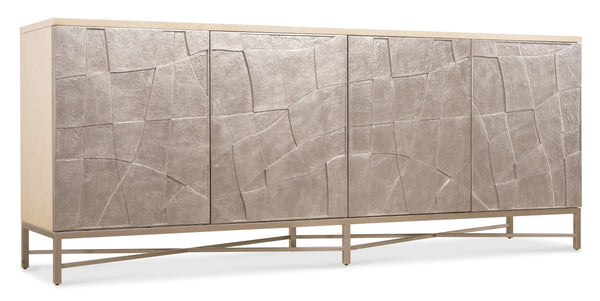 Hooker Furniture Westwood Polished Limestone Credenza With Venetian Dawn Silver‑Leaf Doors, Media‑Ready Storage & Metal Base 6133-55490-80