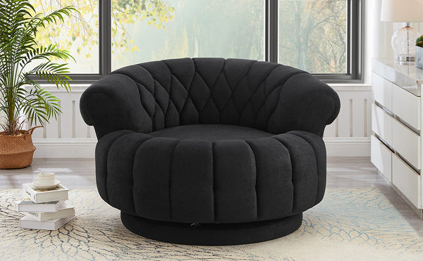 English Elm Swivel Barrel Accent Chair Chenille Tufted Round Club Seat for Living Room Lounge Black N719S002280B