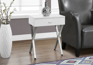 English Elm Accent Elegant Modern Side Table with Glossy Laminate, Chrome Base and Drawer for Living Spaces White 22 L x 14 W x 7 H B2710P219241