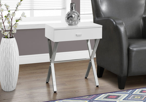 English Elm Accent Elegant Modern Side Table with Glossy Laminate, Chrome Base and Drawer for Living Spaces White 22 L x 14 W x 7 H B2710P219241