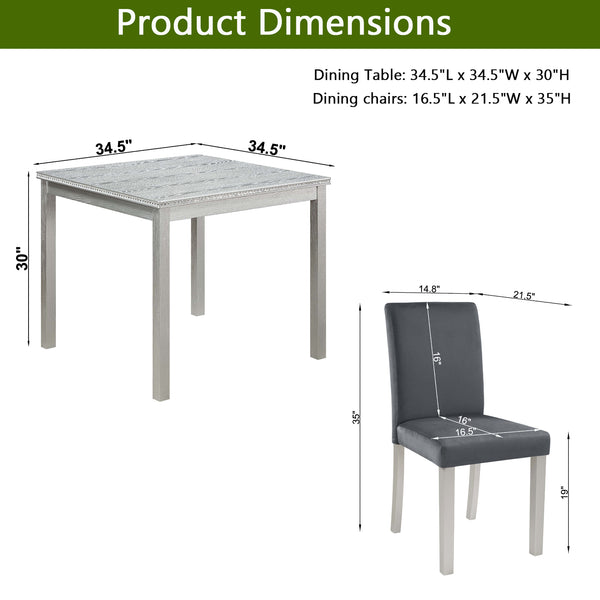 English Elm 5 Piece Wooden Dining Table Set - Elegant Square Table & 4 Upholstered Chairs With Crystal Accents W1998S00068
