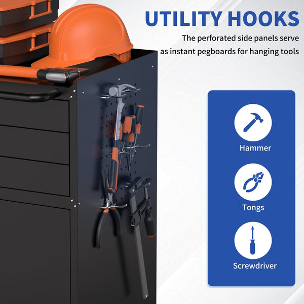 English Elm 34.3" Rolling Steel Workshop Cabinet with 3 Drawers Lockable Doors and Pegboard Sides W2735P428815