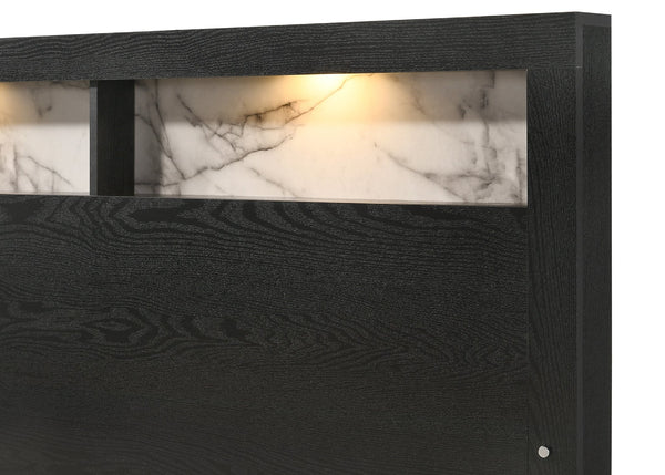 English Elm 1pc Queen Size Panel Bed Headboard with LED Lighting, Sleek Sloping Design and Built-In Shelves for Storage and Ambiance Black,White 66.65 L x 31.77 W x 5.94 H B2741P330088