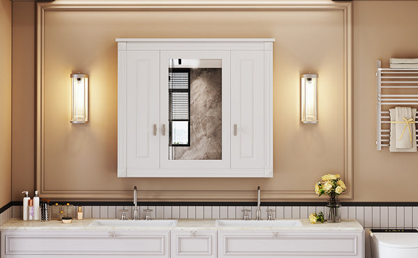English Elm Bathroom Wall Cabinet with Mirror and 5 Shelves — Wall-Mounted Medicine Cabinet, Modern Storage Solution White N710P252503K