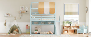 English Elm Full Size Wood Loft Bed with Canopy Slide and Built in Bookshelves for Kids Light Green N7090005021F