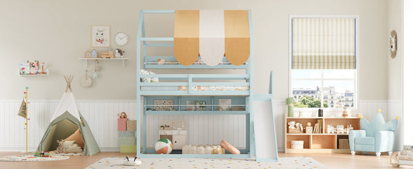 English Elm Full Size Wood Loft Bed with Canopy Slide and Built in Bookshelves for Kids Light Green N7090005021F