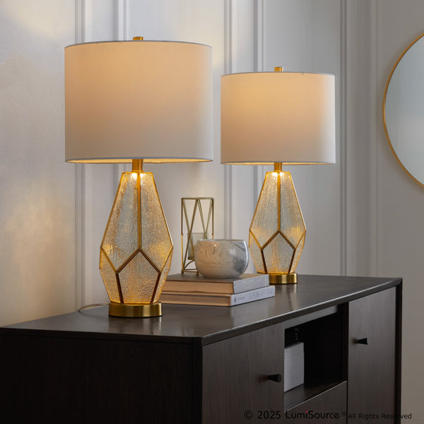 English Elm Glass Glam Table Lamp Set Two Linen Shade Nightstand Bedroom Accent Lighting Gold,White B202P471580