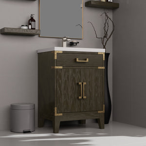 English Elm Brown Oak Single Bath Vanity - Compact 24" W Ready-To-Install Unit With Soft-Close Storage Cabinet B2731P259738