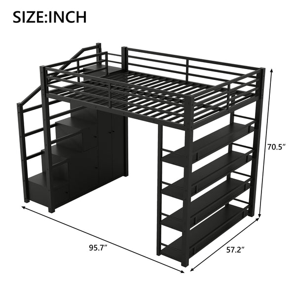 English Elm Full Metal Loft Bed with Built-in Wardrobe Shelving Staircase Storage Industrial GX000664AAB-1