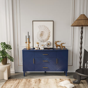 English Elm Stylish 4-Door Storage Cabinet with Pine Legs and MDF Veneer — Mid-Century Console for Living Rooms Navy Blue W757P144374