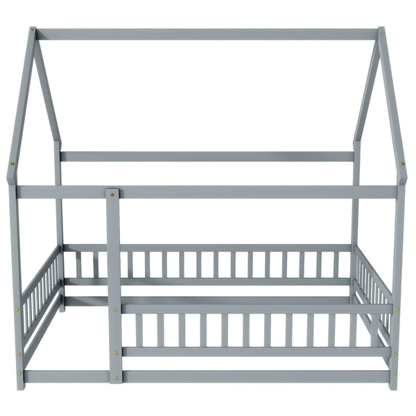 English Elm Full Size House Bed Frame With Roof, Safety Guardrails, Grey Finish - Perfect For Kids' Room Fun! W504P286407