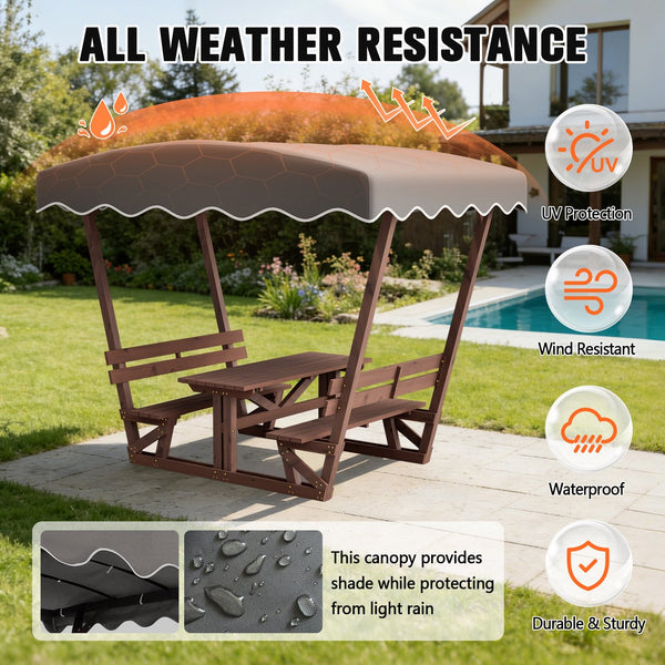English Elm 5'x3' Wooden Gazebo Patio Shelter with Oxford Canopy Bench Seating and Slatted Table W1422S00075