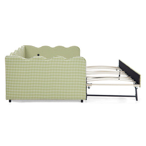 English Elm Full Size Gingham Linen Daybed with Wave Backrest Trundle and Usb Charging Port Green W1413S00139