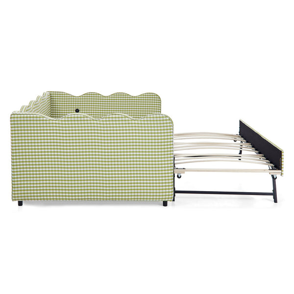 English Elm Full Size Gingham Linen Daybed with Wave Backrest Trundle and Usb Charging Port Green W1413S00139
