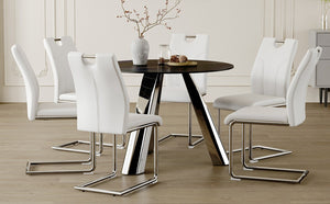 English Elm Table Set - Modern 42-Inch Round Dining Table With 6 Stylish White Chairs & Stainless Steel Legs W2920S00016-GIGA