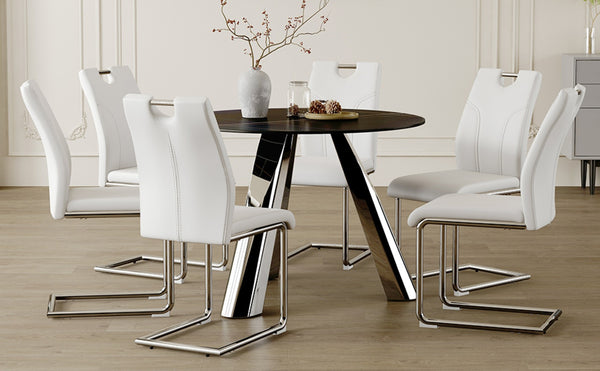 English Elm Table Set - Modern 42-Inch Round Dining Table With 6 Stylish White Chairs & Stainless Steel Legs W2920S00016-GIGA