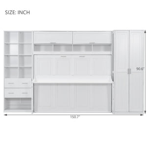 English Elm Queen Murphy Wall Bed Cabinet System with Wardrobe Drawers and Shelving in White Mdf LP000384AAK-1