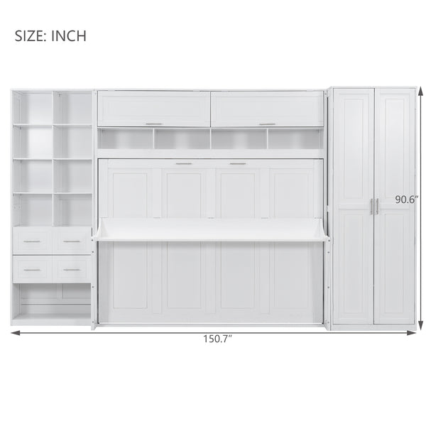English Elm Queen Murphy Wall Bed Cabinet System with Wardrobe Drawers and Shelving in White Mdf LP000384AAK-1