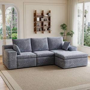 English Elm U Shaped Modular Sectional Corduroy Sofa with Pull Out Chaise for Modern Living Rooms Gray W1825P334960