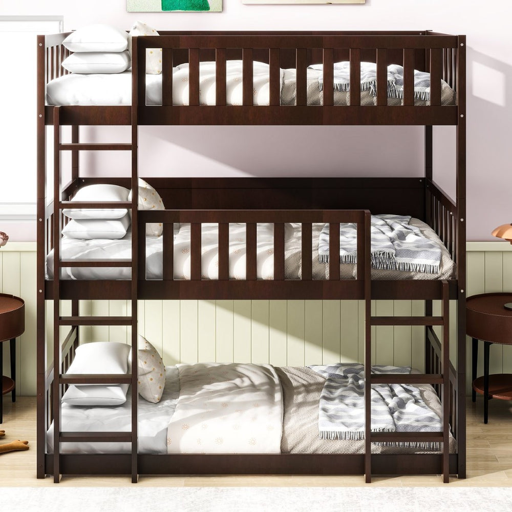 English Elm Twin Size Triple Bunk Bed In Espresso - Space-Saving Rubberwood Design With Ladders And Guardrails W504S00243-GIGA