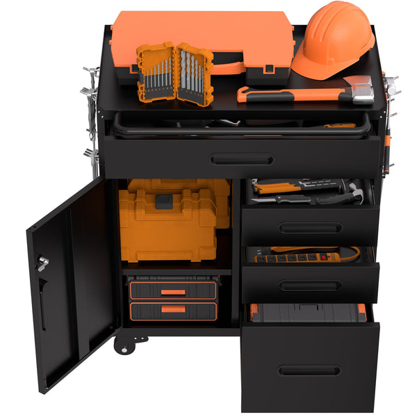 English Elm 34.3" Rolling Steel Workshop Cabinet with 3 Drawers Lockable Doors and Pegboard Sides W2735P428817