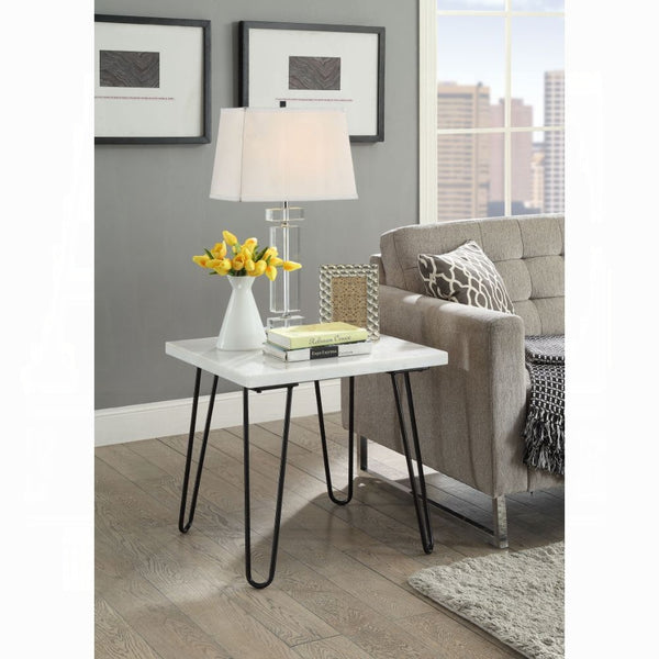English Elm Modern Marble End Table with Luxurious Stone Top and Geometric Metal Legs for Chic Living Spaces Black,White 26 L x 38 W x 4 H B2741P337700