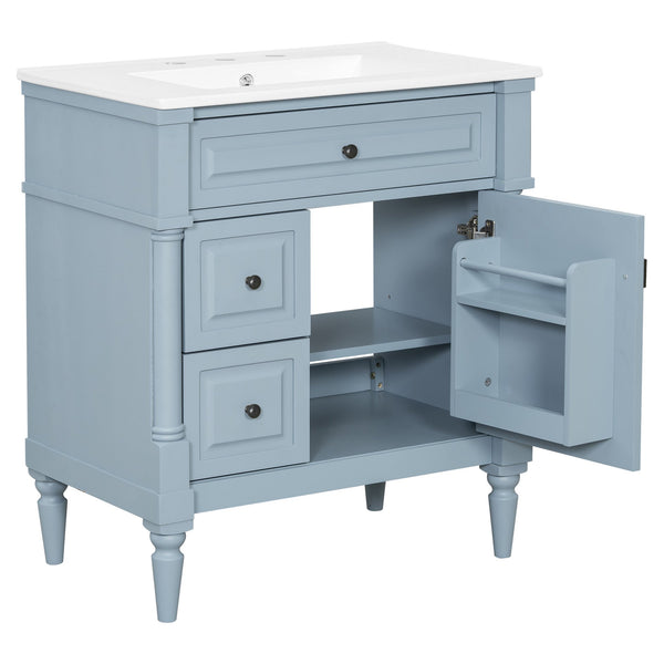 English Elm 30" Freestanding Bathroom Vanity Rubberwood Frame Ceramic Sink Flip Drawer Storage Blue+Grey N725P356062E