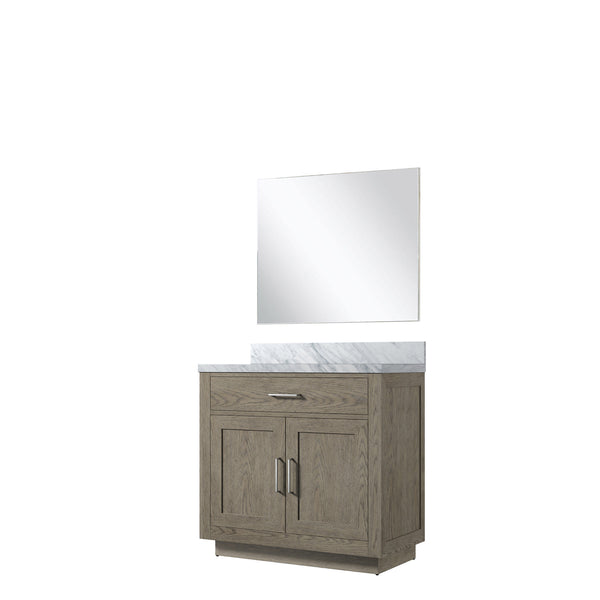 English Elm Grey Oak Single Bath Vanity Set With Carrara Marble Top & 34" Frameless Mirror For Modern Spaces B2731S01398