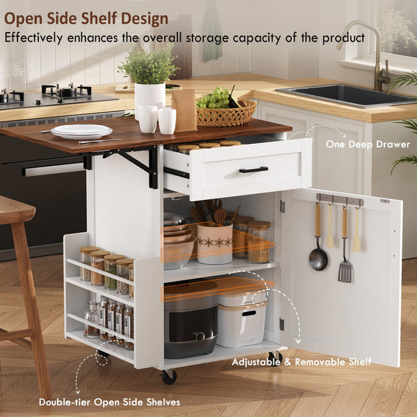 English Elm K&k Farmhouse Rolling Kitchen Cart with Drop Leaf Drawer Open Rack Lockable Wheels White N707P404539W