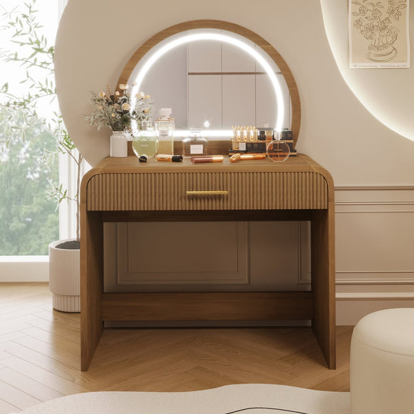 English Elm 39" Makeup Vanity Table with Touchscreen LED Mirror, Sleek Dressing Table with Drawer and Glass Top - Durable Rubberwood, Fast Assembly Espresso N704P196658P