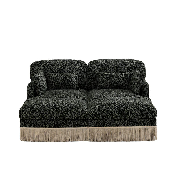 English Elm Comfy Chenille Leopard Print Loveseat with Tassel Trim and Movable Ottoman Modules Green W5656S00030