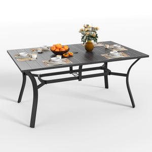 English Elm "vintage Wood Grain Steel Outdoor Dining Table with Umbrella Hole Rust Proof Slatted Top Black W3979P394149