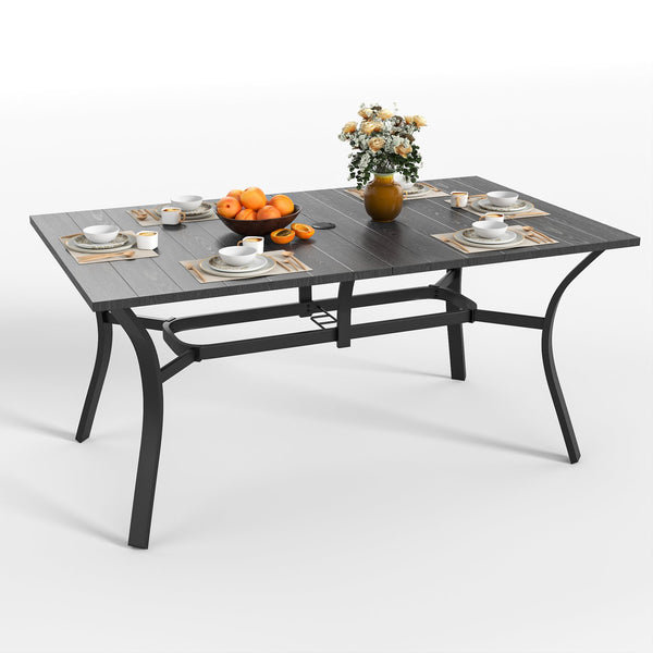 English Elm 7-piece Outdoor Steel Dining Set with Wood-grain Table Umbrella Hole and Slat Chairs W3979S00052