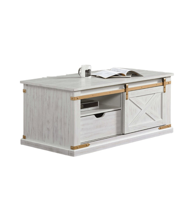 English Elm Rustic Glam Barnwood Coffee Table with Dual-Sided Center Drawer, Open Shelves & Metal Trim Accents Antique White,Gold 51 L x 27 W x 23 H B2741P320884