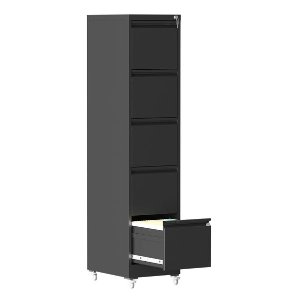 English Elm 5 Drawer Vertical File Cabinet on Wheels with Lock, Heavy-Duty Steel, Anti-Tilt Mobile Storage for A4/Letter/Legal Files Black T2398P310087