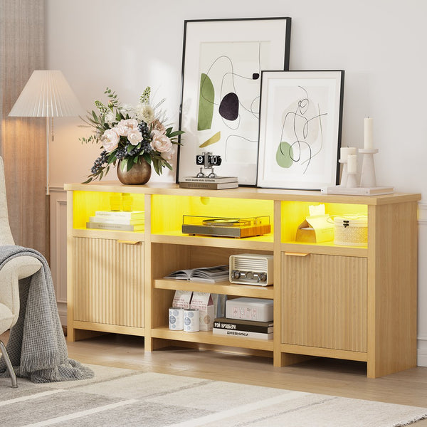 English Elm Highboy Media Console with Led Lighting Fluted Panels and Storage for Living Room T3773P416497