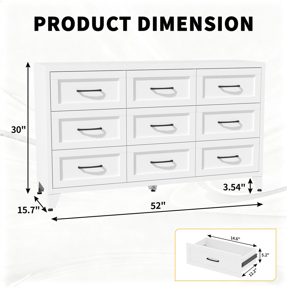 English Elm 9 Drawer Steel Dresser Low Profile White Powder Coated Frame Quiet Glide Bedroom Storage T2398P465982