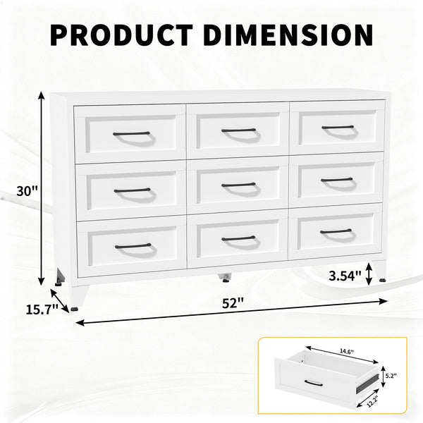 English Elm 9 Drawer Steel Dresser Low Profile White Powder Coated Frame Quiet Glide Bedroom Storage T2398P465982
