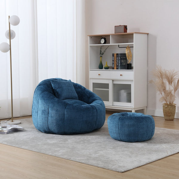 English Elm UNITED Cloud-Luxe Chenille Memory Foam Bean Bag Chair with Ottoman and Pillow for Ultimate Comfort Peacock Blue W1568P361694