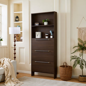 English Elm 12 Pair Shoe Organizer with Top Storage and Slim 78.75" Tall Cabinet, 3 Flip Drawers, Hooks, Sturdy Handles Walnut N845P261766D