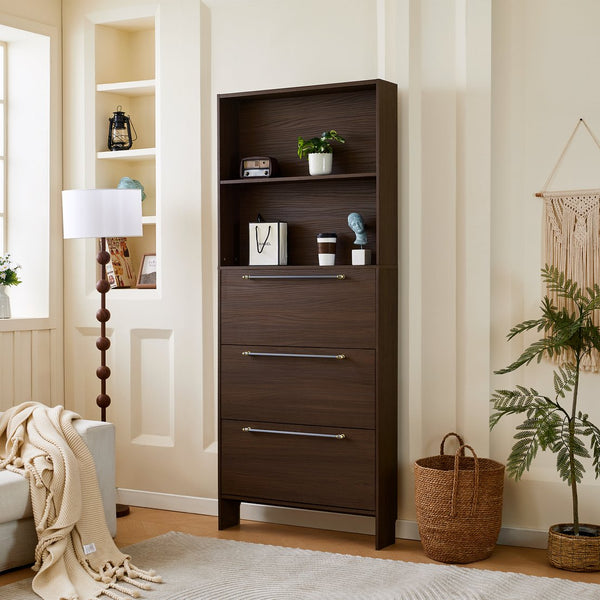 English Elm 12 Pair Shoe Organizer with Top Storage and Slim 78.75" Tall Cabinet, 3 Flip Drawers, Hooks, Sturdy Handles Walnut N845P261766D