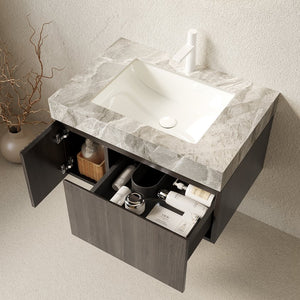 English Elm Muri Floating Bathroom Vanity Plywood Cabinet Sintered Stone Top Oak Drawer W2615S00589