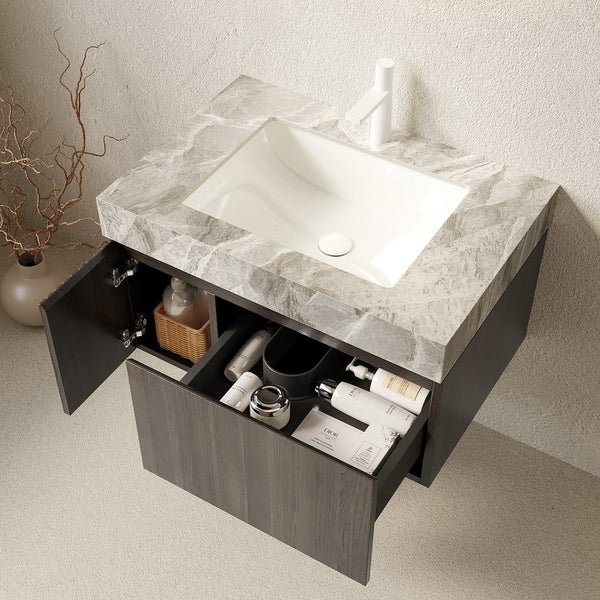 English Elm Muri Floating Bathroom Vanity Plywood Cabinet Sintered Stone Top Oak Drawer W2615S00589