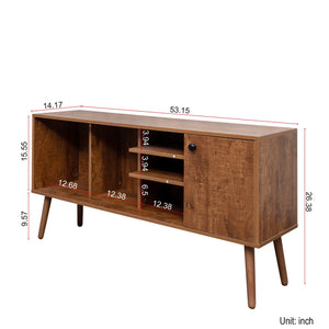 English Elm TV Stand Mid-Century Modern 53" TV Console with 1 Cabinet and 3 Open Shelves, Durable Veneer Frame Walnut Brown W331P247811