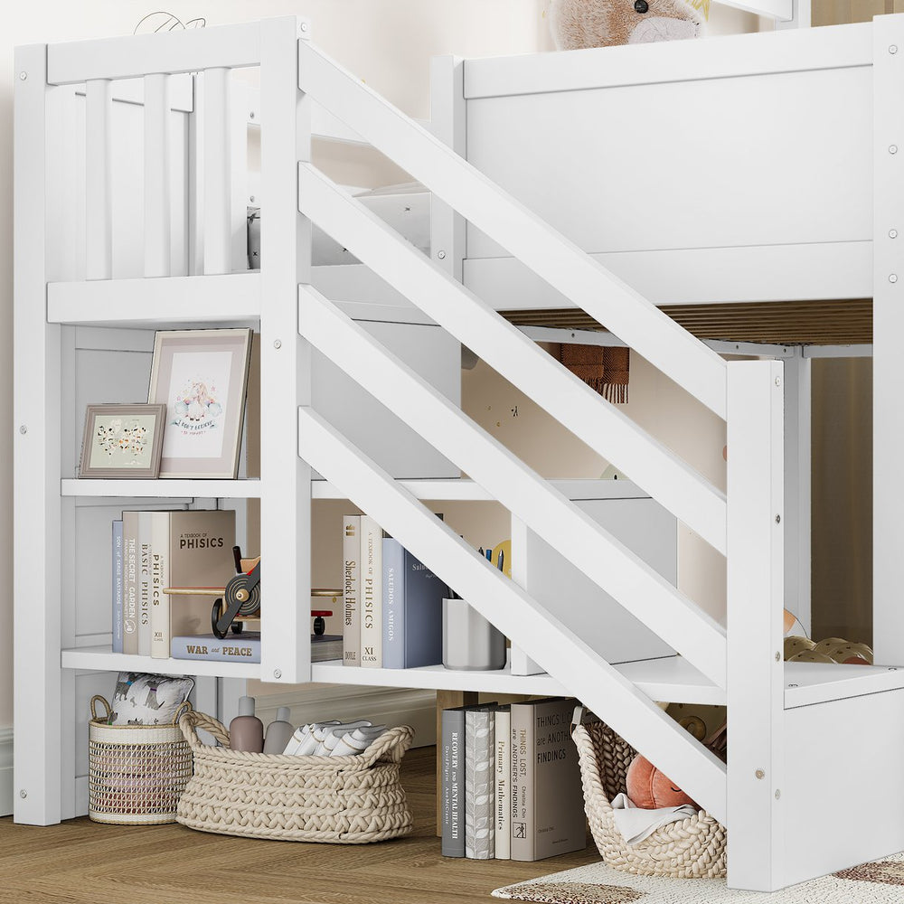 English Elm Full Size Metal Loft Bed with Stair Storage Shelves Bookshelf for Dorms Bedroom W1580S00395