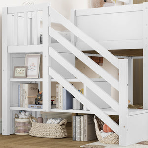 English Elm Full Size Metal Loft Bed with Stair Storage Shelves Bookshelf for Dorms Bedroom W1580S00395