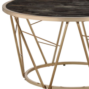 English Elm Cicatrix Round Glass Top Coffee Table with Champagne Metal Cone Base and Faux Black Marble Accent B2726P281465