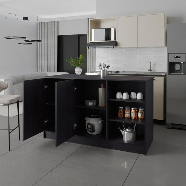 English Elm Kitchen Island Leoti Black Engineered Wood with European Ash Countertop, 2 Cabinets for Storage B092S00286