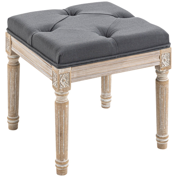 English Elm HOMCOM Vintage Tufted Ottoman 16" Linen-Feel Footstool with Carved Wood Legs, Grey Accent Seat W2225P217637