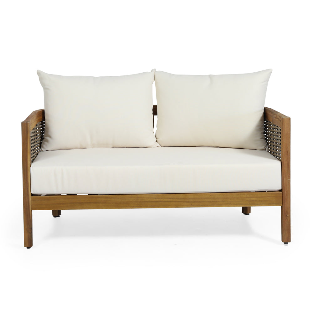 English Elm Christopher Knight Home® - 2 Outdoor Acacia Loveseat Set with Faux Rattan, Plush 6" Cushions & Slatted Coffee Table, Beige 71368.00